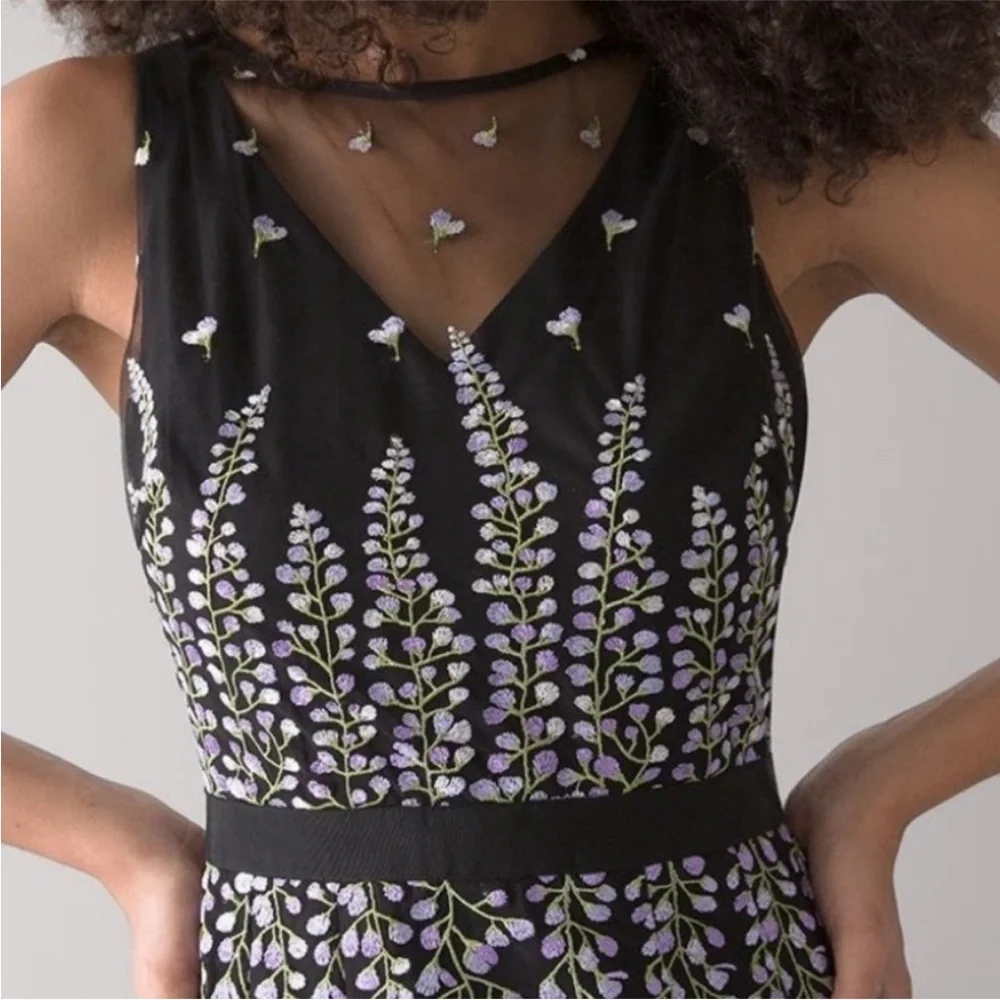 Like New White House Black Market Floral Embroidered Mesh Dress Black Size 14